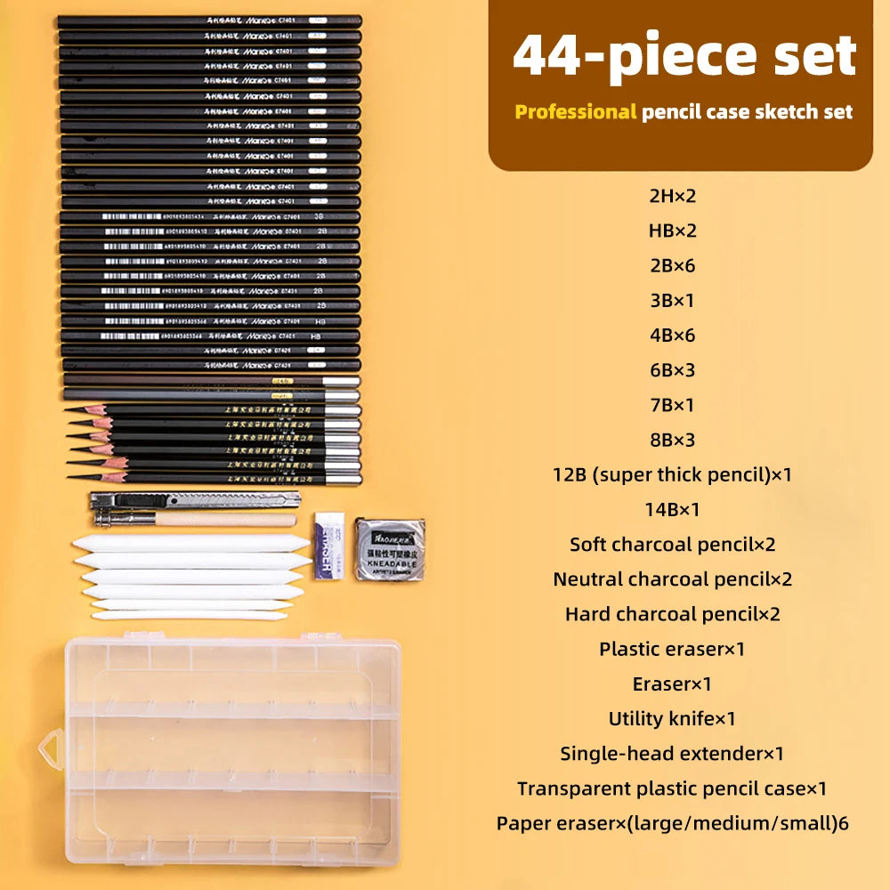 Sketching Pen Set Drawing Kit Student Portable Pen Curtain Charcoal Pencil Sketch Pencil Charcoal Stick Sharpener Eraser Set Box