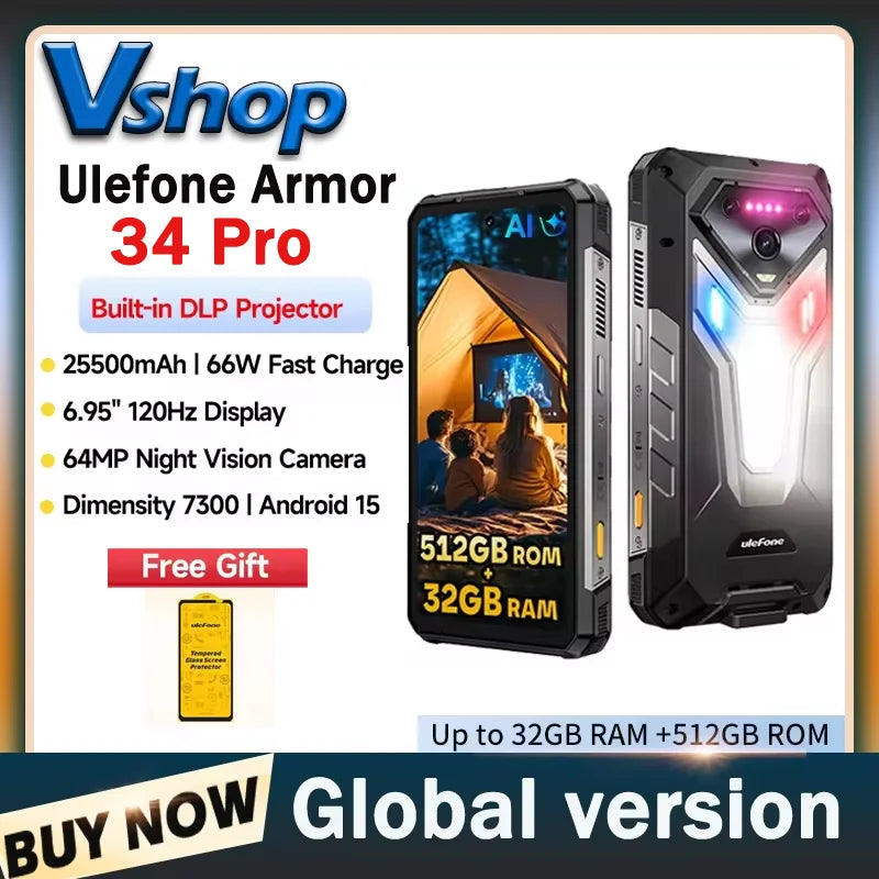 Ulefone Armor 34 Pro+5G AI Rugged Phone 32GB+512GB 25500mAh 6.95" Built-in Projector 120Hz Android 15 MTK 7300 NFC Smartphone