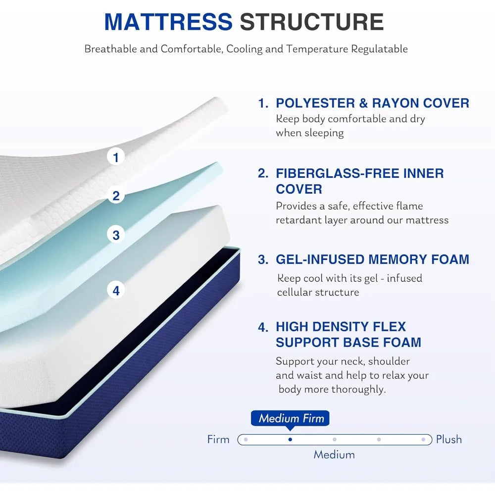 8 Inch Full Gel Cooling Memory Foam Mattress, Pressure Relief, Medium Firm Support，Mattress in a Box, CertiPUR-US Certified