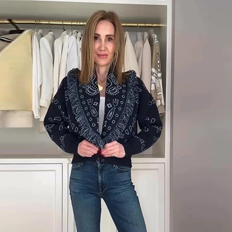 Women's Print Fringe Knitted Vest Coat Fashion Sleeveless Tie Waist Pocket Cardigan Sweater Lady 2025 Autumn Casual Outerwear