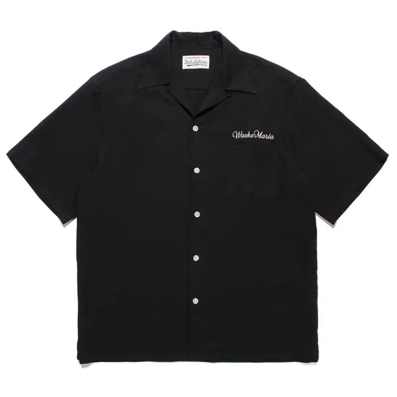 High-end Summer WACKO MARIA Solid Color Cursive wackomaria Embroidery Logo Simple Hawaii Short Sleeve Shirt