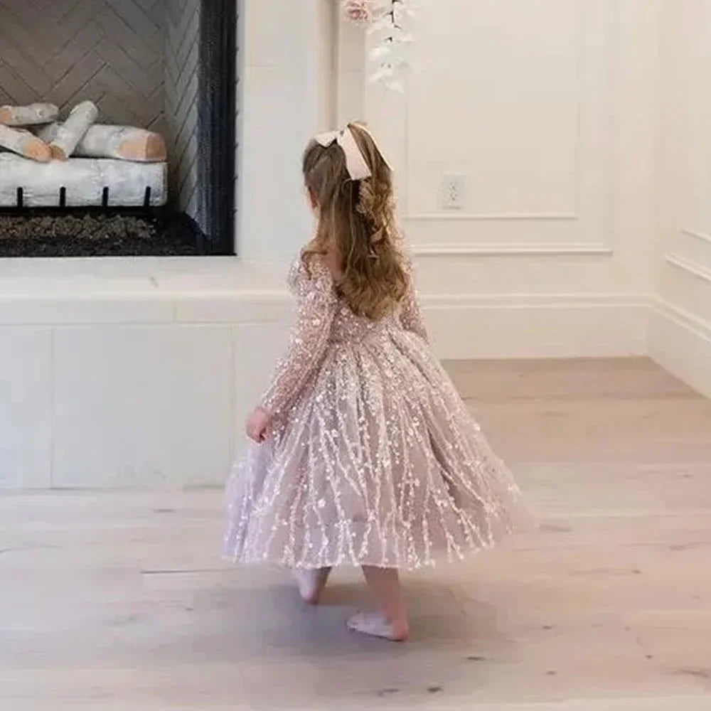 Custom Flower Girl Dress First Christmas Dress Wedding Party Gown Blush Pink Sequin Lace Long Sleeve Kids Evening Dress فسات