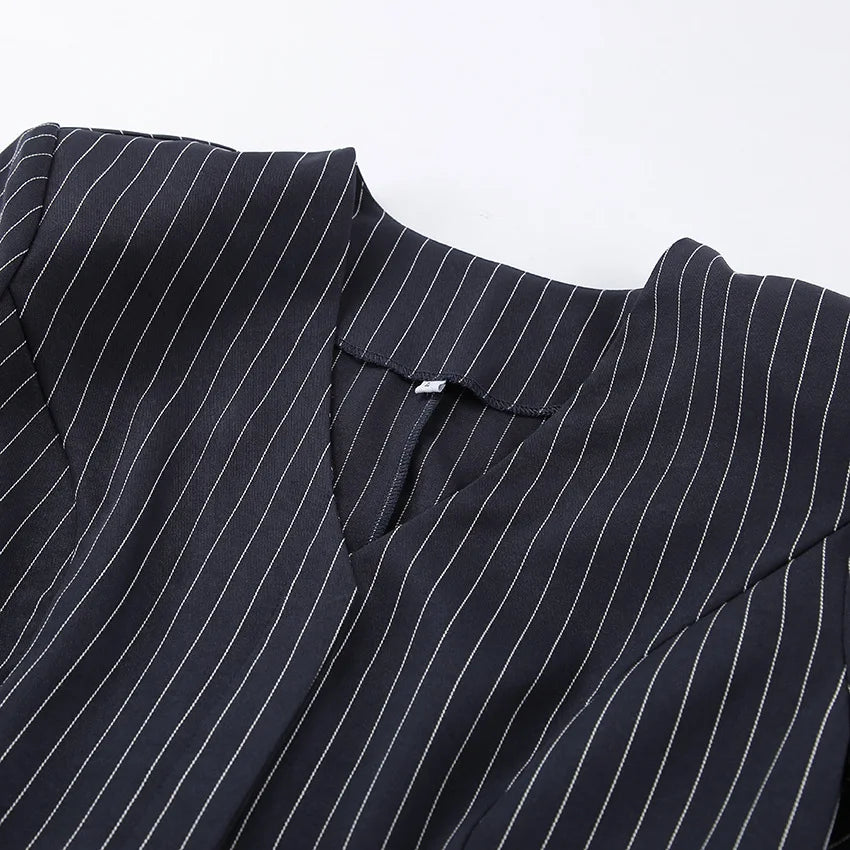 Women's Matching Sets 2026 Woman Navy Blue Striped V-neck Waist Small Suit Top Short A-shaped Skirt Women's Two-piece Set