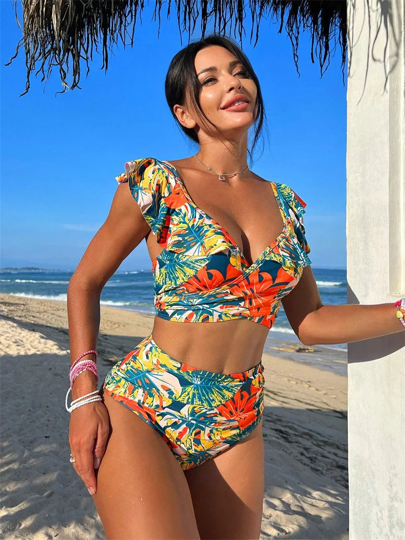 Cikini Summer Swimsuit For Women Tropical Print Ruffle Trim Summer Beach Bikini Set Summer Beach Swimwear Bathing Suit