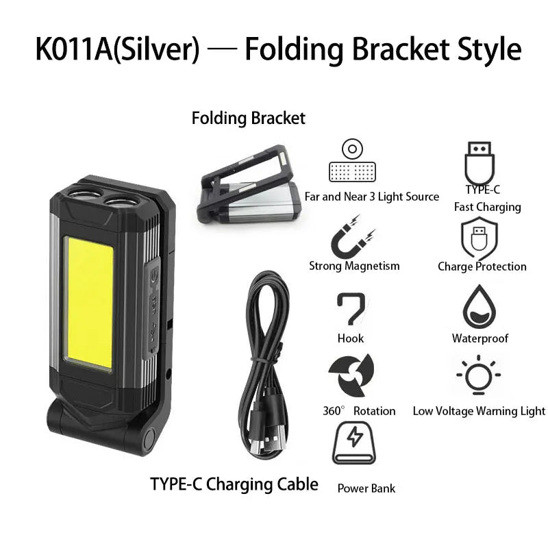 Portable COB Magnetic Work Light Rechargeable LED Flashlight Super Bright Camping Waterproof Car Repair Lamp with Brackets