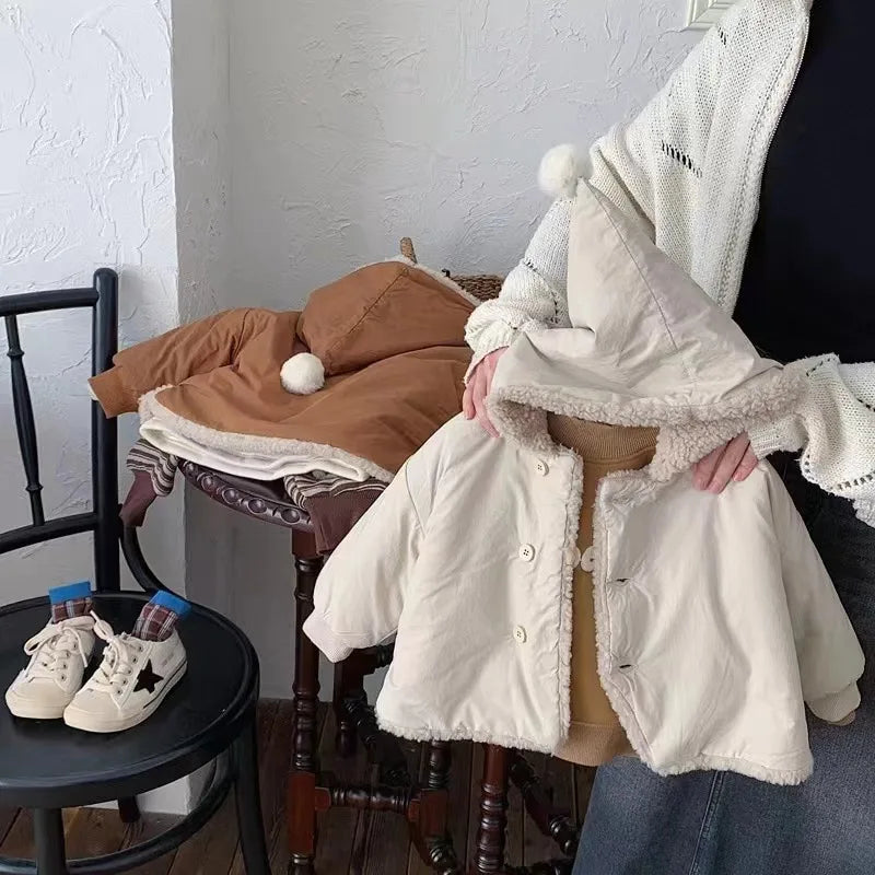 2025 Winter New Baby Warm Lamb Cashmere Hooded Coat Solid Versatile Boys Girls Padded Jacket Plus Velvet Thick Infant Clothes