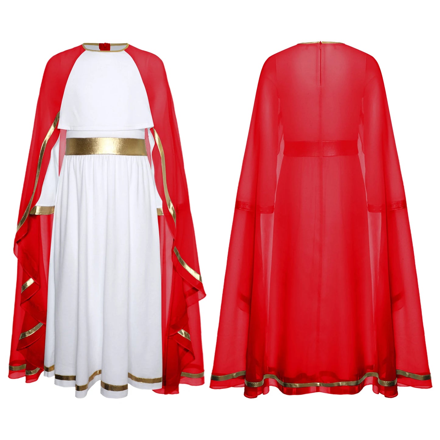 Halloween Virgin Mary Costume for Kids Girls Fancy Greek Princess Cosplay Long Sleeve Ruffle Dress with Chiffon Cape Theme Party