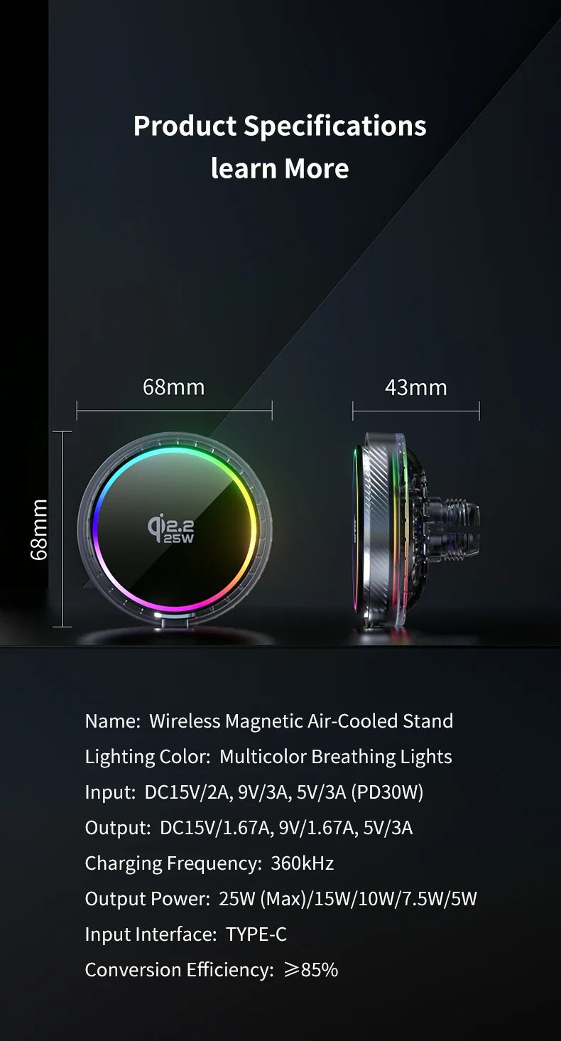 25W Air Cooling qi2.2 Car Magnetic Wireless Charger RGB Light  Phone Holder For Magsafe iPhone 17 16 15 14 13 12 Fast Charging