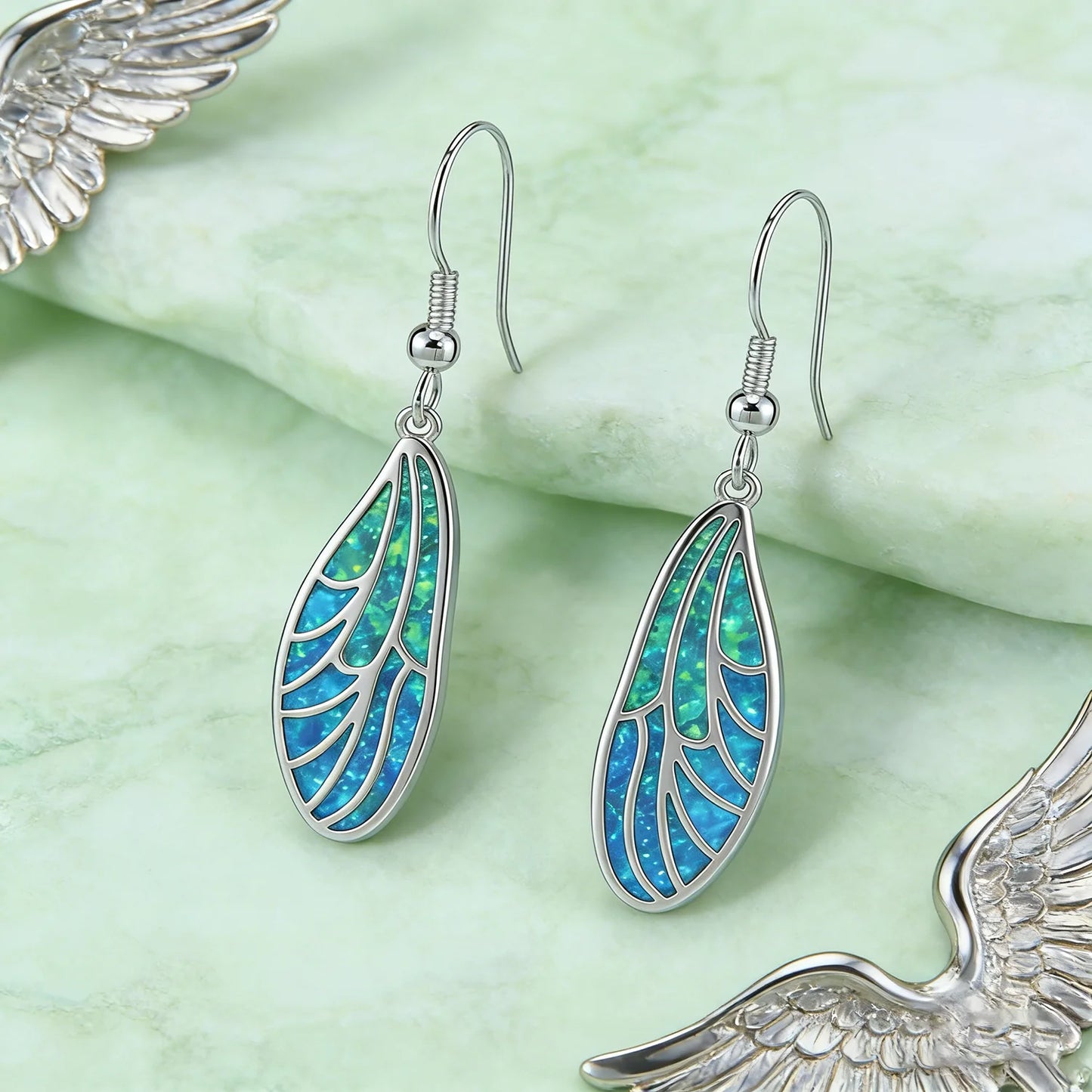 Boho Minimalist Wing Earrings,Blue Green Opal Dangle Earrings,Hypoallergenic Lightweight Elegant Everyday Jewelry Gift for Women