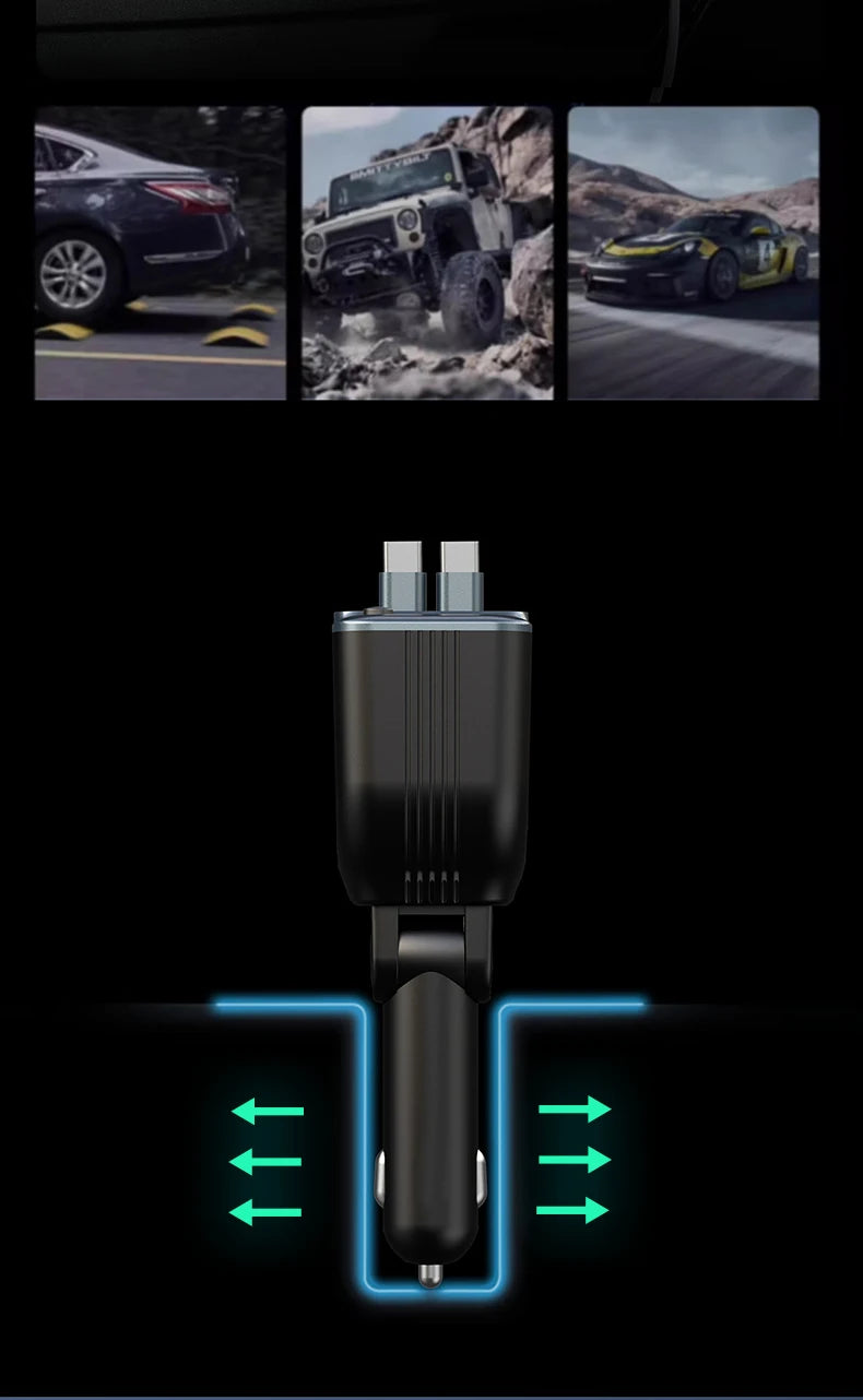 Scalable Car Charger 4in1 Fast Charging Car Charger with 72W Retractable Cable and PD65W USB Port Compatible with Type-C Adapter