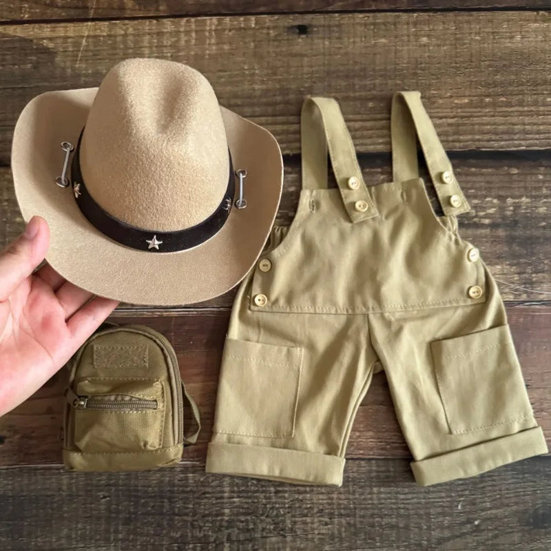 3pcs/set Adorable Baby Suit, Newborn Photography Outfits Retro Overalls Tool Kit + Hat, Western Cowboy Style Shooting Props