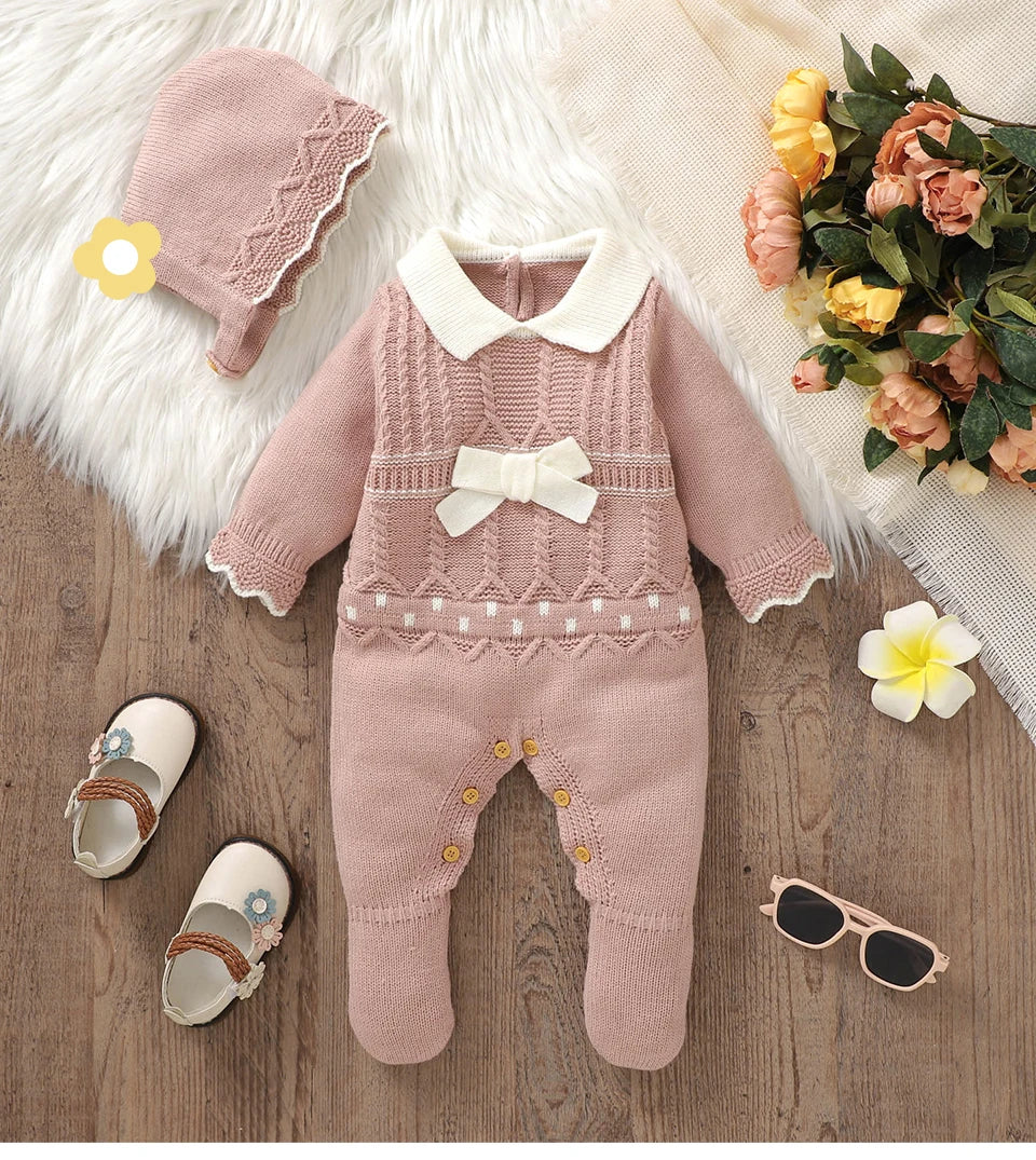 Infant Girls Rompers Hats Clothes Autumn Winter Pink Long Sleeves Knit Newborn Jumpsuits Outfits 0-18m Toddler Outwear Playsuits