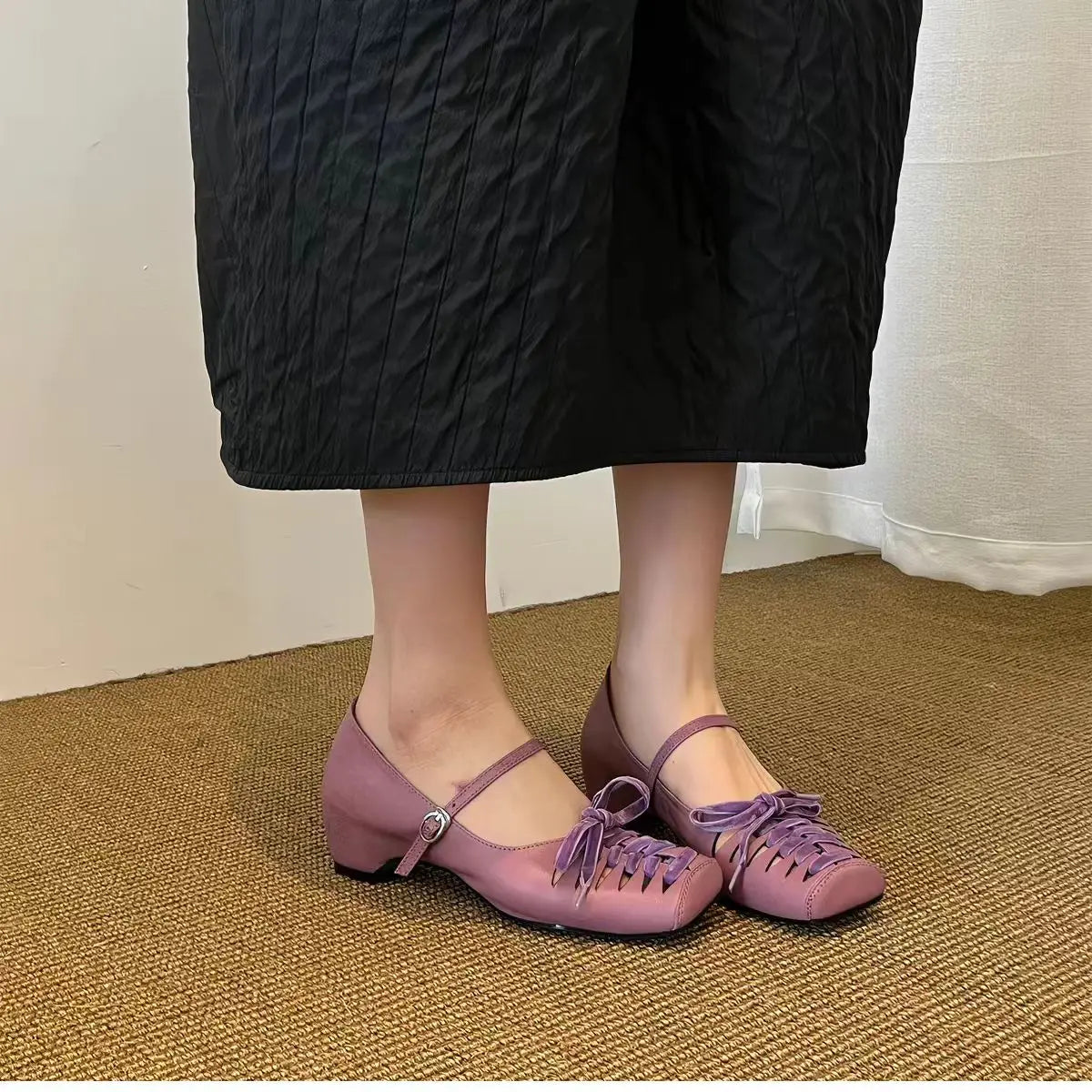 French-style Square-toe Hollow Lace-up Height-increasing Mary Jane Shoes for Women with Single-strap Fashion Shallow-cut Flats
