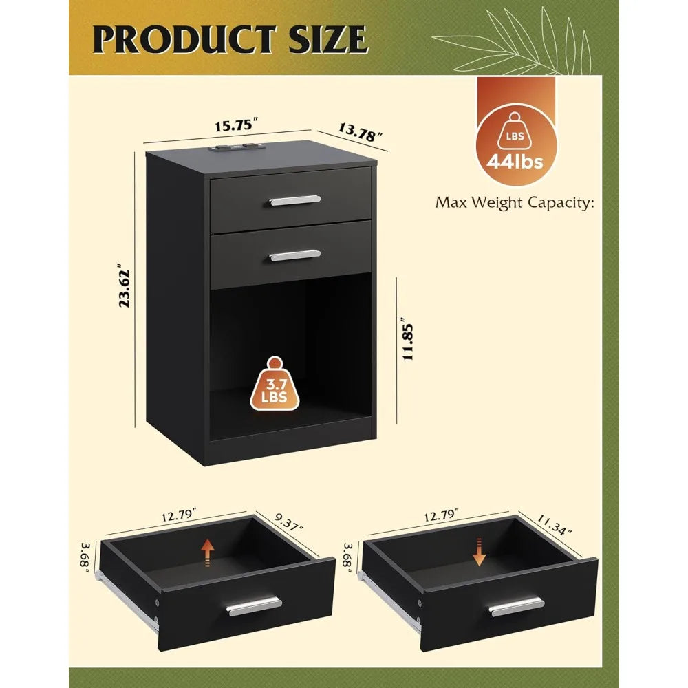 Nightstand Set of 2 with Charging Station,Wood Night Stand Sets with2 Drawers and Open Shelf,Bed Side Tables Bedroom,Living Room