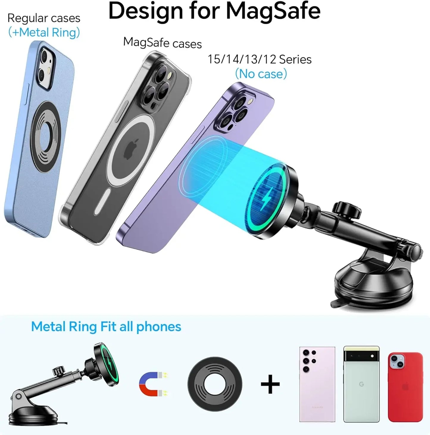 UYUXIO Magnetic Wireless Car Charger Windshield Dash 15W Fast Charging Adapter for iPhone 17 16 15 14 13 Car Mount Phone Holder
