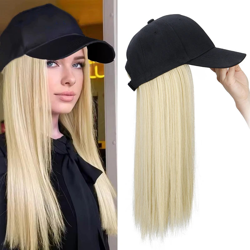 Synthetic 18Inch Long Straight Sports Style Baseball Hat Cap Wigs  Adjustable Comfortable Hair Extension for Women Daily Use