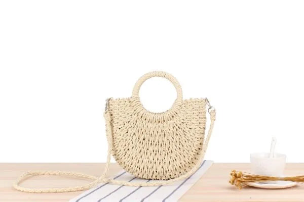 Hand Woven Straw Semicircle Tote Bag Large Capacity Handheld Crossbody 2-in-1 Beach Vacation Fashion Bag for Women