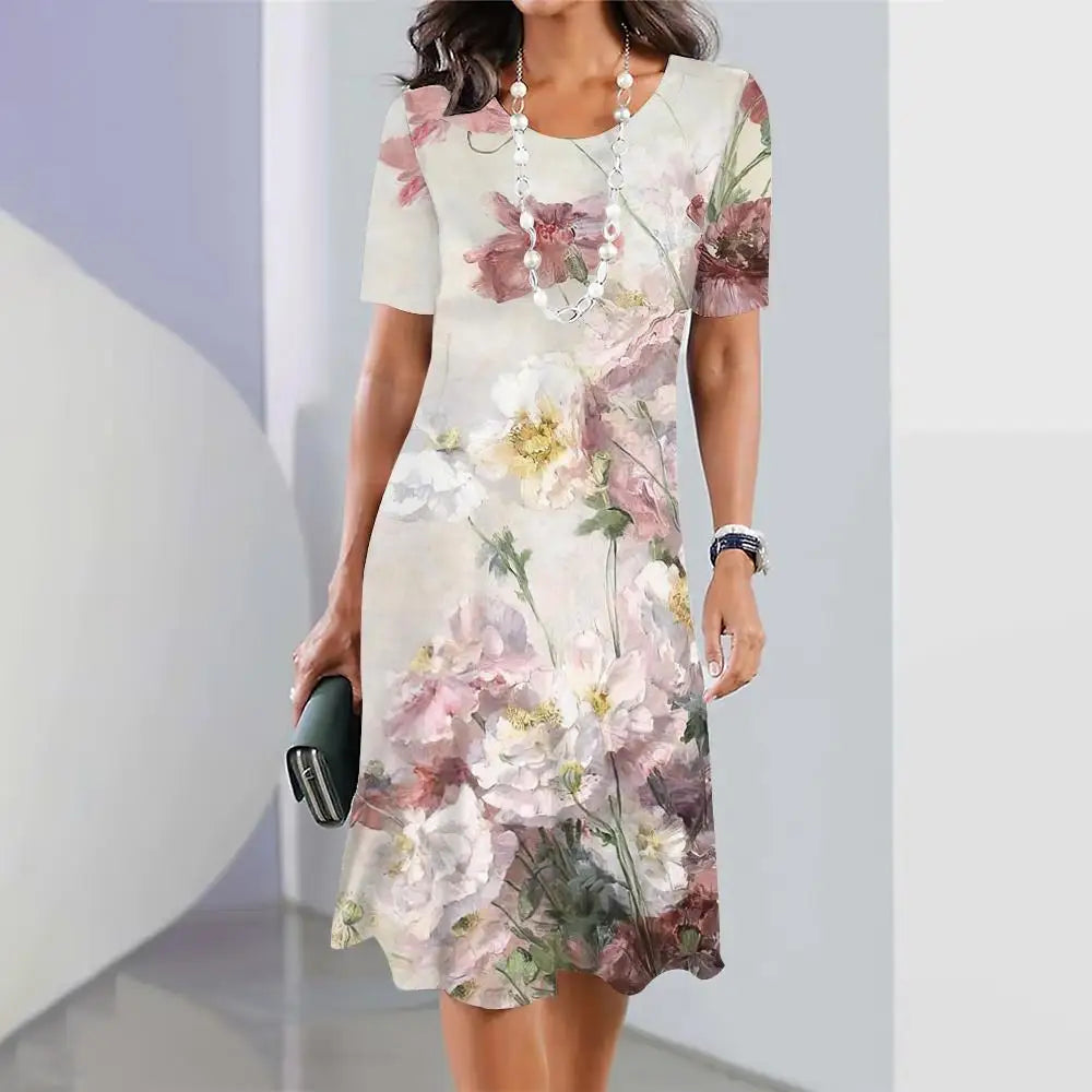 2024 New Spring Women's Dresses Floral Printed Elegant Casual Short Sleeve Dresses Fashion Oversized Women's Dresses