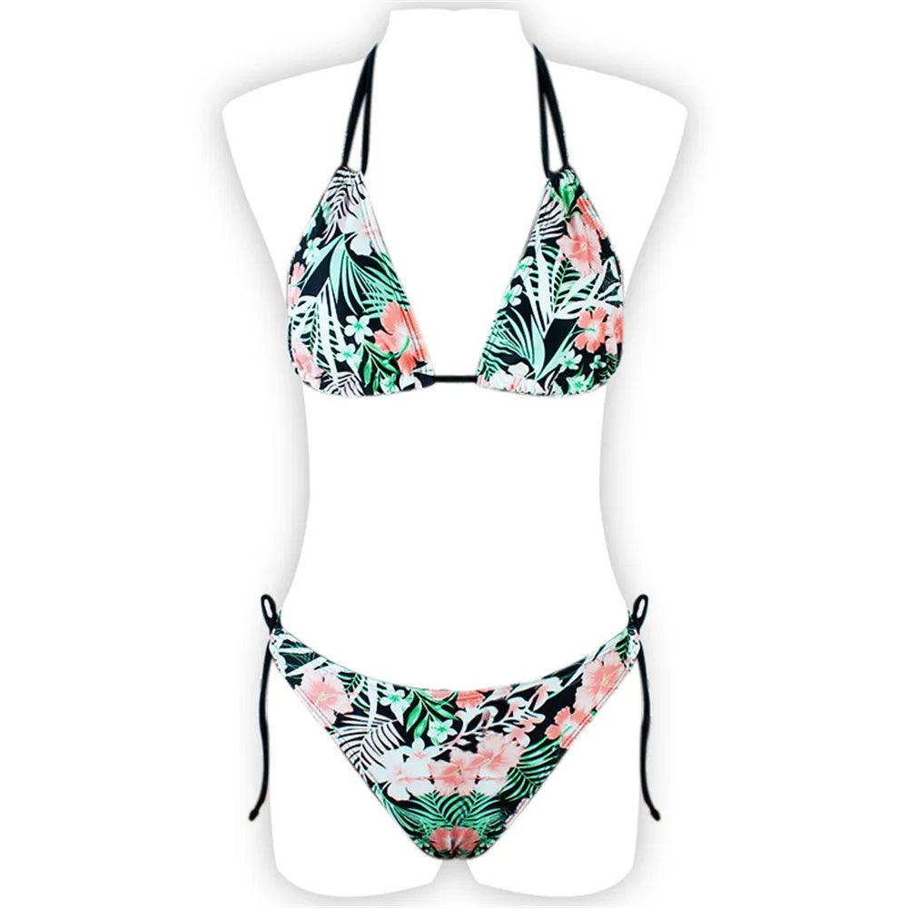 Cute Floral Bikini Extrem String Swimsuit Halter Backless Push Up Vacation Swimwear Women Y2K Beach Tropical Brazil Bathing Suit