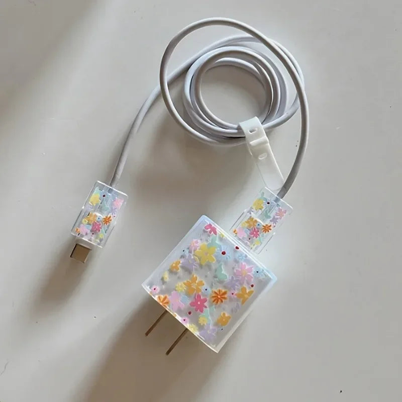 Fashion Flowers Print Charging Data Cable Protector Case For iPhone 18W 20W Charger Protective Cover Winder Accessories Sleeve