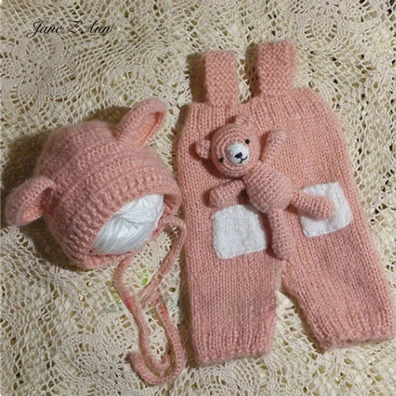 Cute pink baby bear crochet set handmade hat plush toy suspender pants for infant 3-6 moth photography