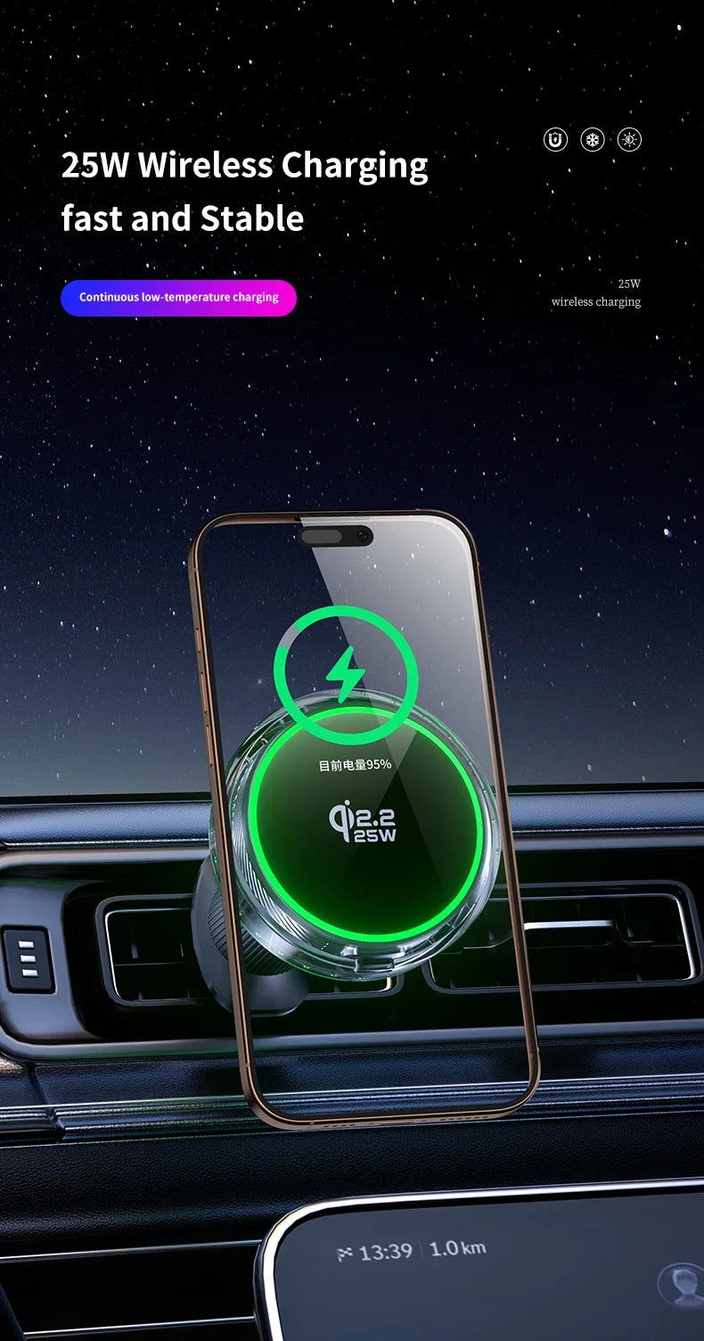 25W Air Cooling qi2.2 Car Magnetic Wireless Charger RGB Light  Phone Holder For Magsafe iPhone 17 16 15 14 13 12 Fast Charging