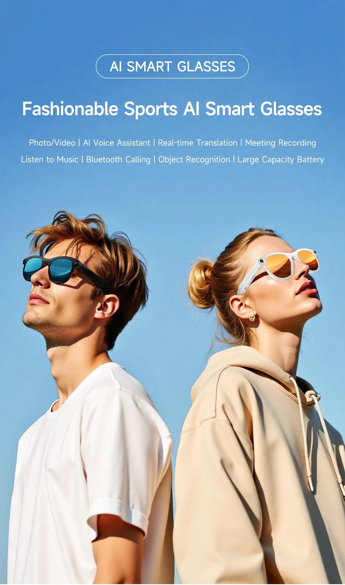 New HD AI Smart Glasses Intelligent Camera Shooting Translation Bluetooth Call LED Flashlight Intelligent Recognition Sunglasses