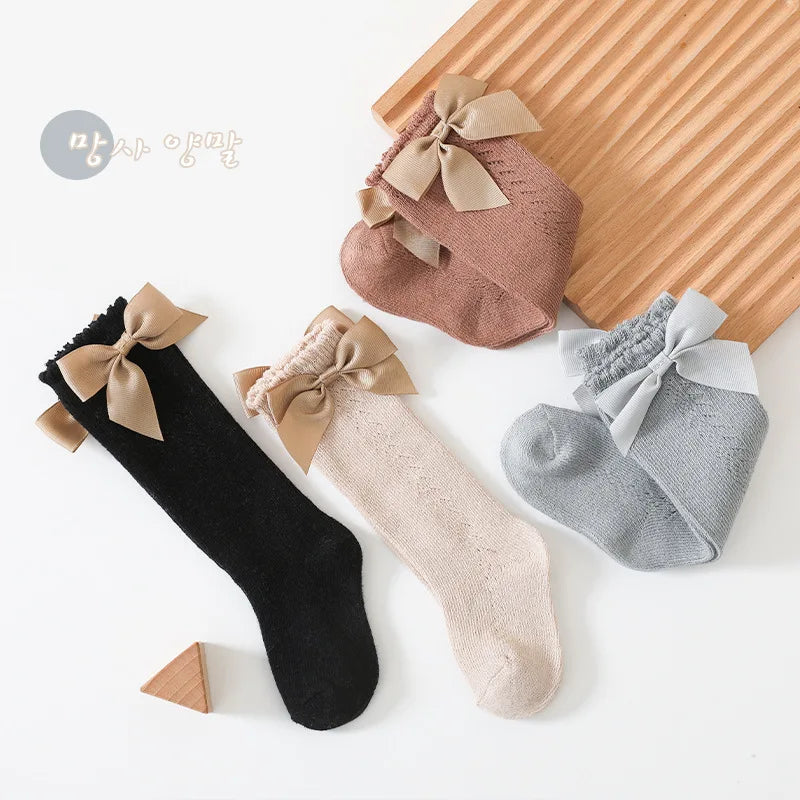 1 Pairs Kids Knee High Socks Baby Girls Boys Bow Long Sock Soft Cotton Mesh Breathable Children Hollow Out Socken For 0-7 Years