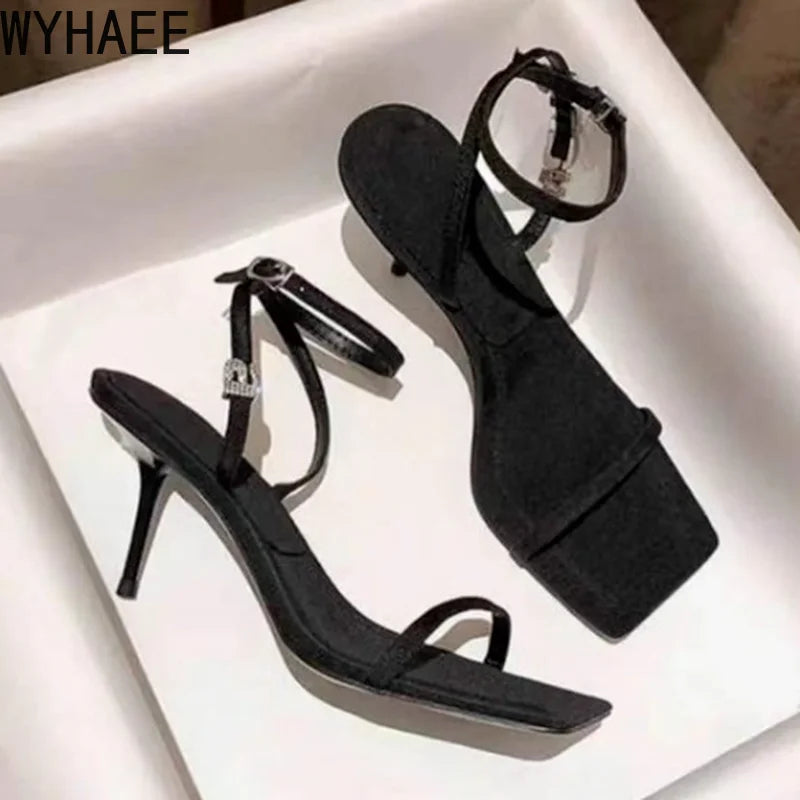 2022 New Square Toe Women Sandals Crystal Letters Decor Women Pumps Sexy High Heels Silk Wedding Dress Shoes Gladiator Sandal