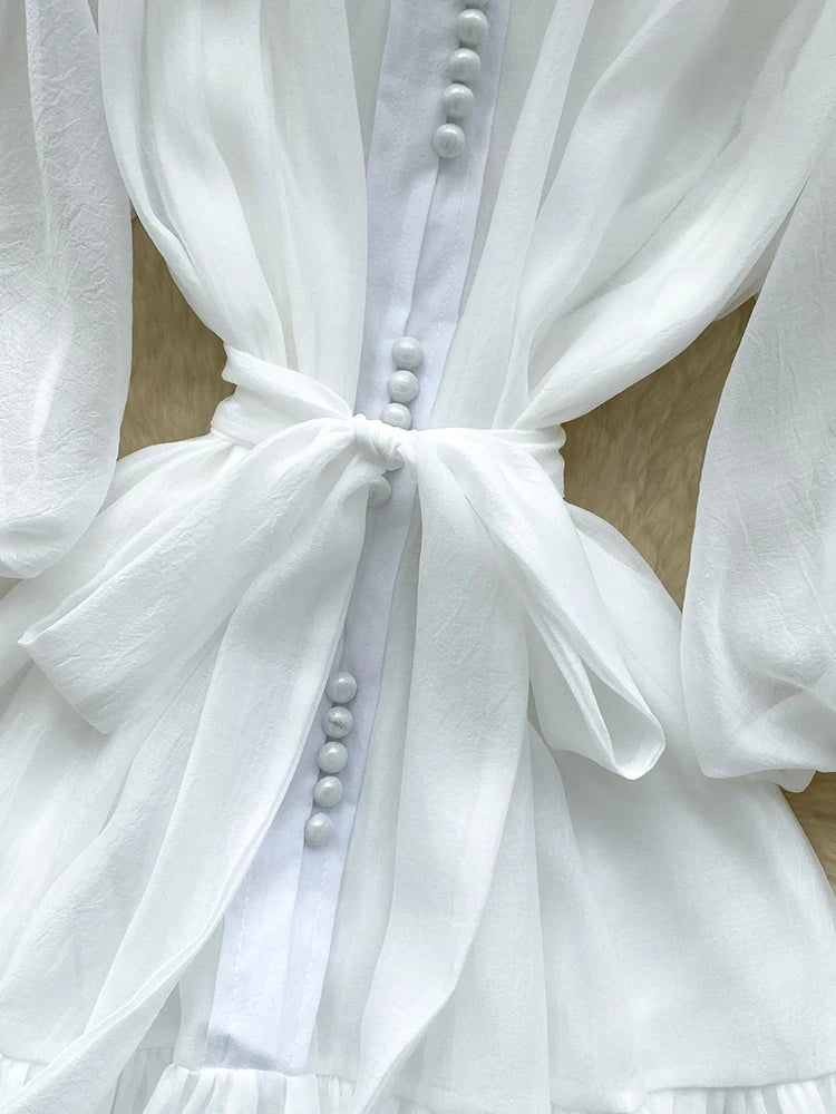 Summer Women's Puff Sleeve Shirt Dress Fashion Beach Vacation Party Birthday Blue White Exquisite Chiffon Mid Length Dress B06