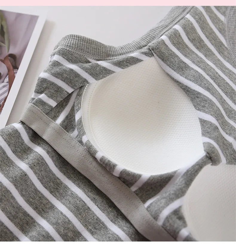 One Piece Pajamas Tops For Women New Fashion Striped Sleeveless Summer Sleepwear Shirt Slim Cotton Chest Pad Sleep T-Shirts