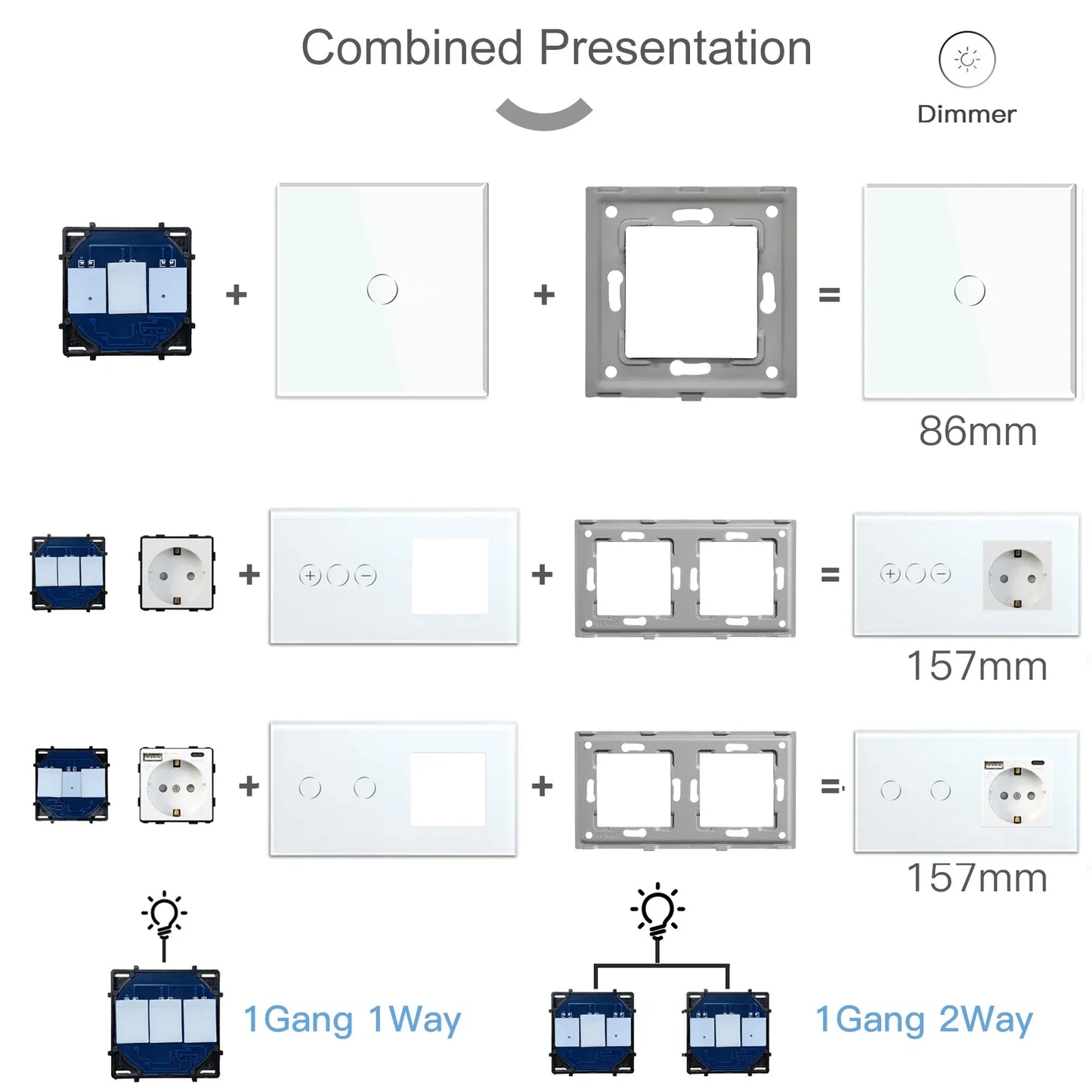 BSEED 1/2Gang Touch Light Dimmer Switch Function Base 1/2Way EU Socket Type-c USB Part Wall Glass Panels DIY Free Combination