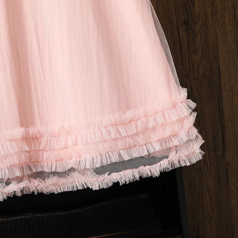 2025 Kids Clothing Autumn New Dress Pink O-Neck Long Sleeve A-Line Dress For Girls 8-12 Years Pretty Princess dress Party Set