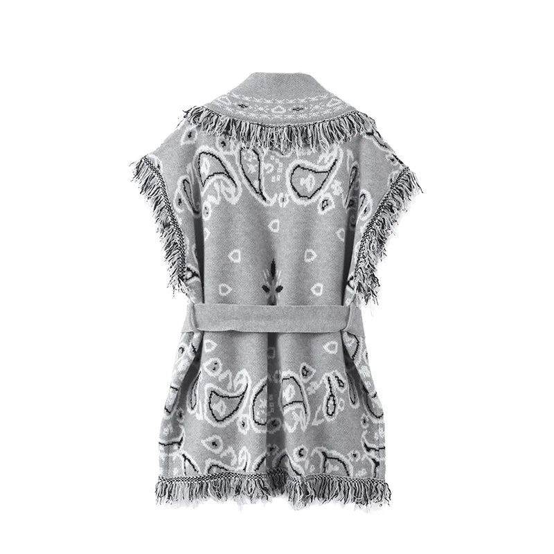 Women's Print Fringe Knitted Vest Coat Fashion Sleeveless Tie Waist Pocket Cardigan Sweater Lady 2025 Autumn Casual Outerwear