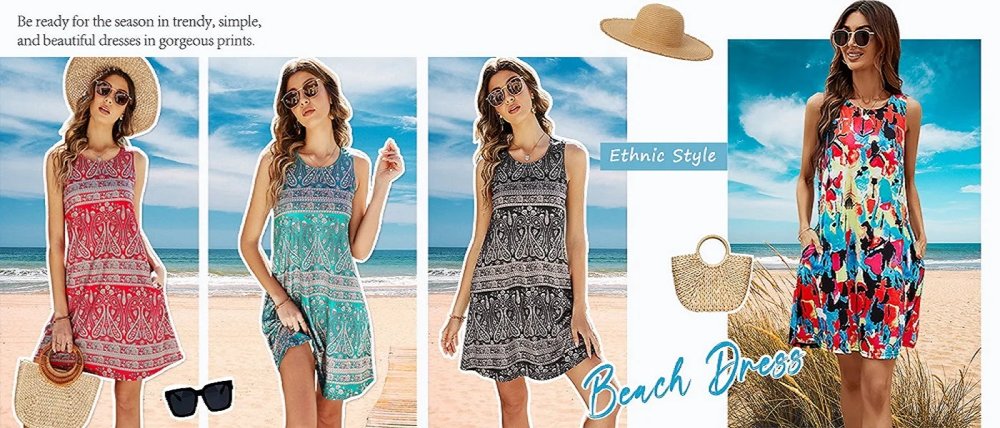 Summer New Women's Dresses Fashion Casual Sleeveless Dresses Floral Printed Round Neck Dresses Beach Vacation Women's Dresses