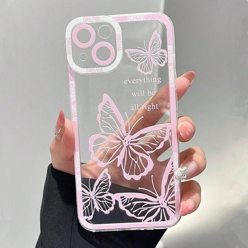 Cute Pink Butterfly Pattern Phone Case For iPhone 17 16 15 14 13 12 11 Pro Max Mini SE 7 Plus Air Shockproof Soft Cover Fundas
