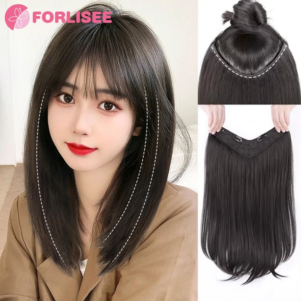 12Inch Synthetic V-shaped Layered 4 Clips Synthetic Long Straight Hair Extension Hairpiece Wig for Women