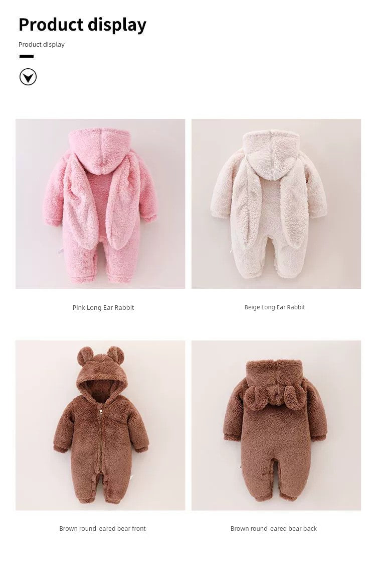 Baby Fur Fleece-Lined Jumpsuit Winter Thicken Thermal Male and Female Baby Clothes Outwear Hooded Romper Jumpsuit