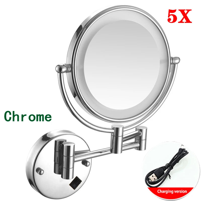 Brushed Gold LED Makeup Mirror with Brass Folding Bathroom Mirrors of 8 Inch 3X 5X Maynifying Makeup Mirror Dual Face LED Mirror