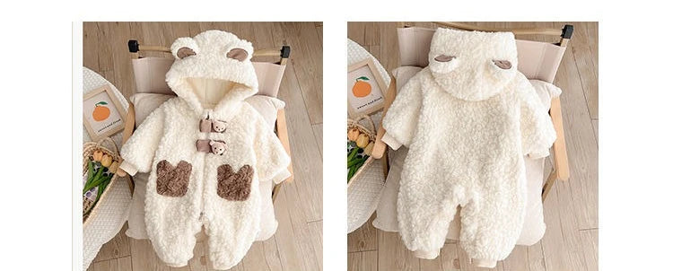 2026 Winter Baby Girls Boys Cute Cartoon Bear Soft Warm Fleece Hooded Rompers Infant Kids Long Sleeve Overalls Jumpsuit