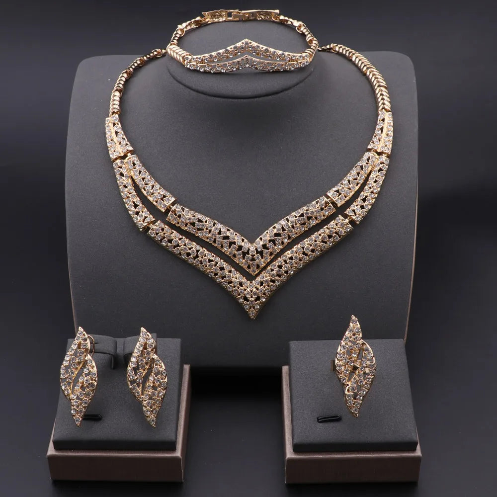 Dubai Gold Color Jewelry Set Fashion Women Necklace Earrings Bracelet And Ring 4PCS Set Jewelry Wedding Party Gift