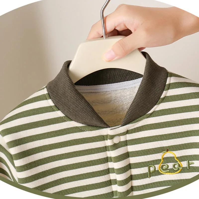 Baby Toddler Fall/Winter Clothing Newborn Thickened Separate Set Baby Boy Striped Sweatshirt Super Cute Quilted Overalls