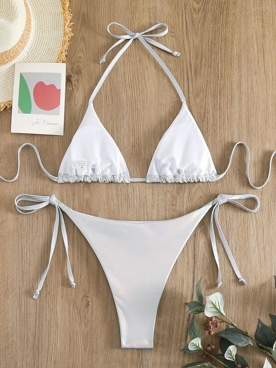 Sexy Metallic Halter Bikinis Sets Lace Up Triangle Tie Side Bikini 2026 Swimsuit Women Swimwear Brazilian Female Bathing Suits