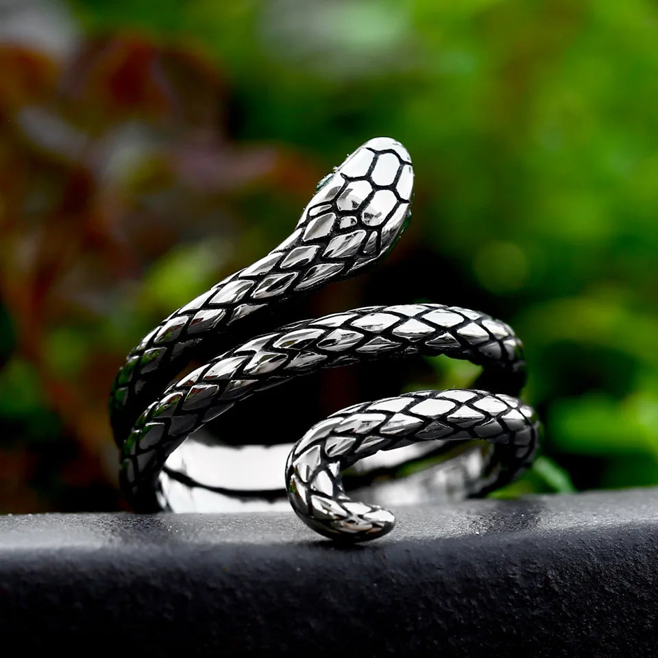 BEIER New Fashion 316L Stainless Steel Rattler Snake Ring Punk Cool Gothic Women Men  Unisex Serpent Stainless Steel Jewelry