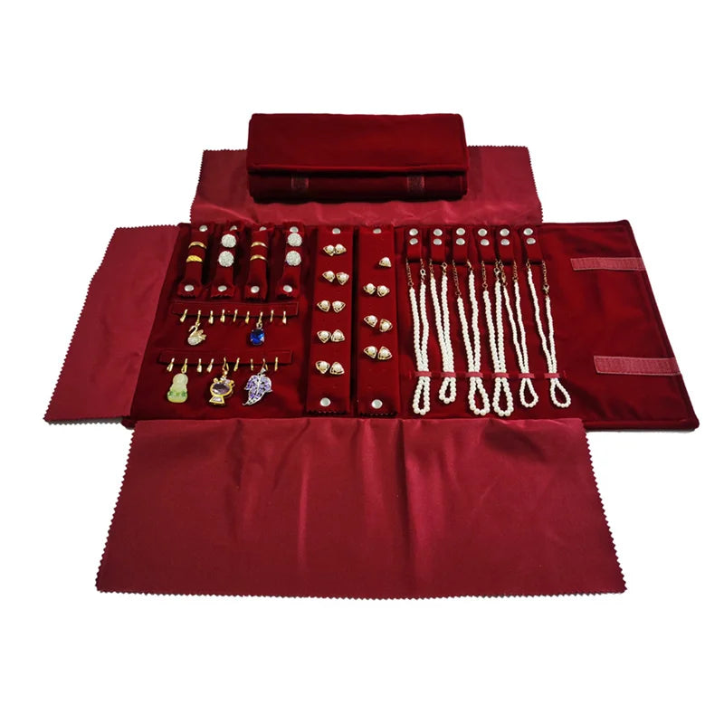 Burgundy Velvet Jewelry Roll Bag Portable Foldable for Necklace Earrings Ring Travel Exhibitions Organizer Storage Bag