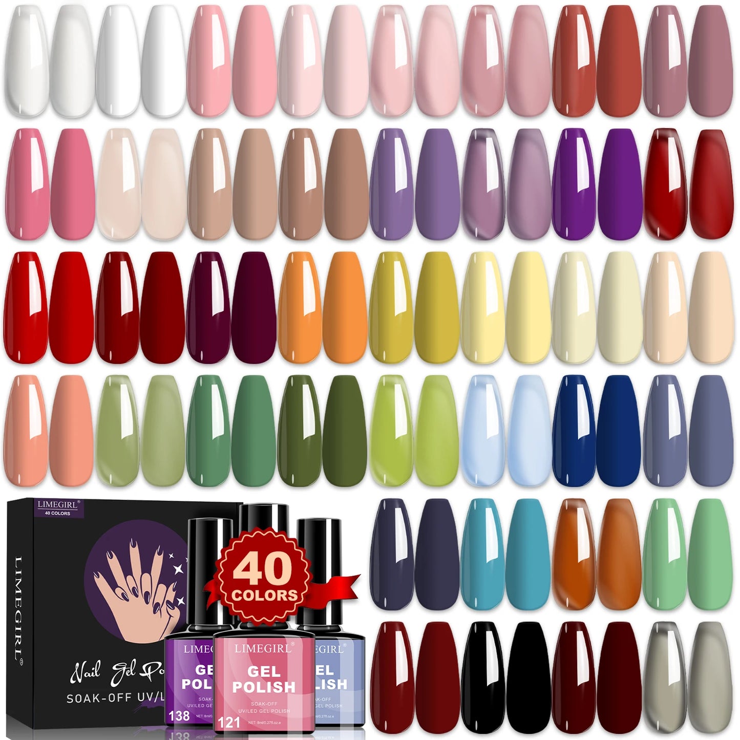 LIMEGIRL 8ML Nail Polish Gel Set 40 Color UV Gel Semi-Permanent Soaking Varn Nail Polish Suitable for Beginners Nail Art Kit