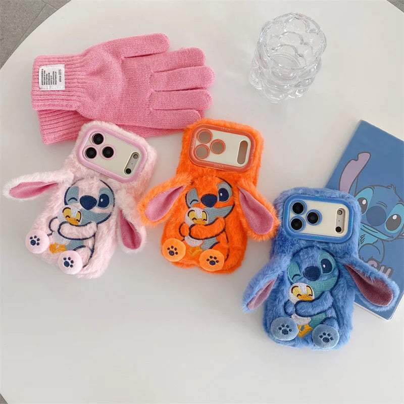 Plush Embroidery Stitch iPhone Case with Stand Furry Ears Cover for iPhone 13 17 Pro Max 16 15 Cute Shockproof Phone Accessories