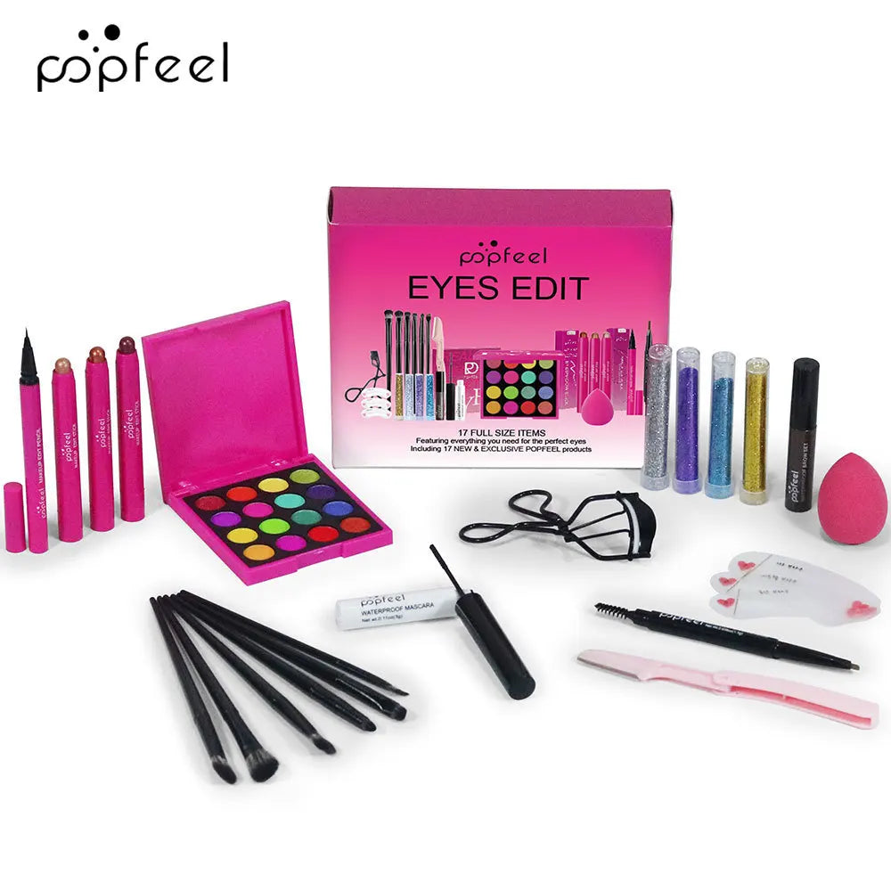 Essential Eye Makeup Set for Beginners Matte&Shimmer Eyeshadow Palette, Mascara, Eyebrow Pencil, Lip Eyeliner,Brush Tool Set Box
