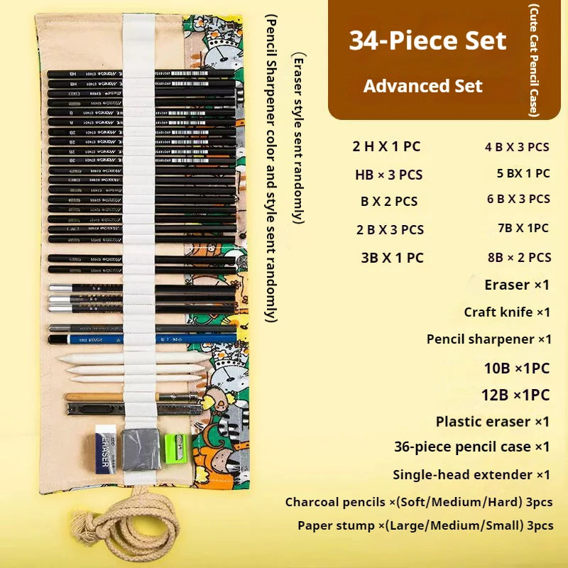 Sketching Pen Set Drawing Kit Student Portable Pen Curtain Charcoal Pencil Sketch Pencil Charcoal Stick Sharpener Eraser Set Box