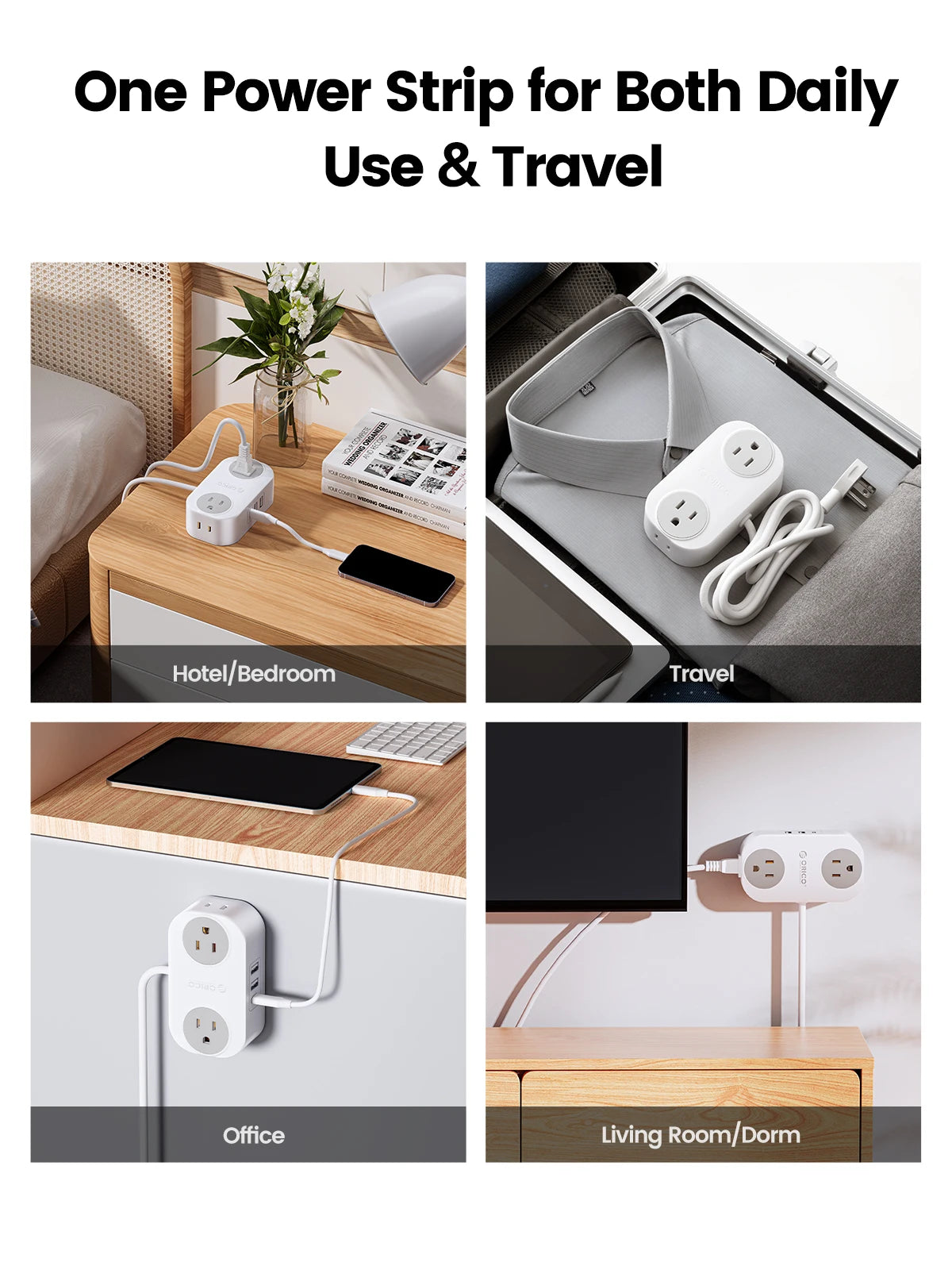 ORICO Travel Power Strip with USB C AC Outlets 3 USB Ports Wrapped Flat Plug Extension Cord with Multiple Outlets for Travel